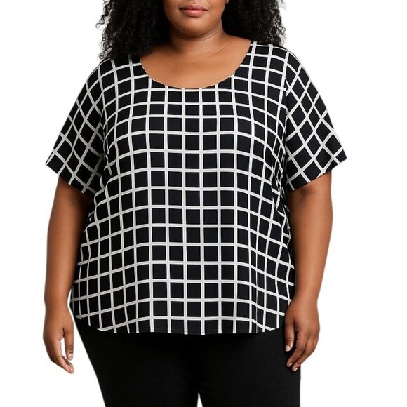 Eloquii Plus Size 22 Black White Scoop Neck Design Windowpane Print Short Sleeve - Picture 1 of 7